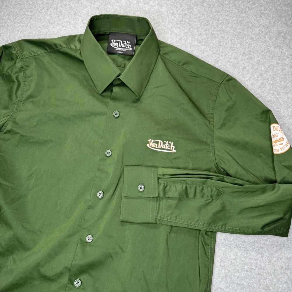 Von Dutch Button Down Shirt Mens Small Green Graphic Back Kustom Kulture LS